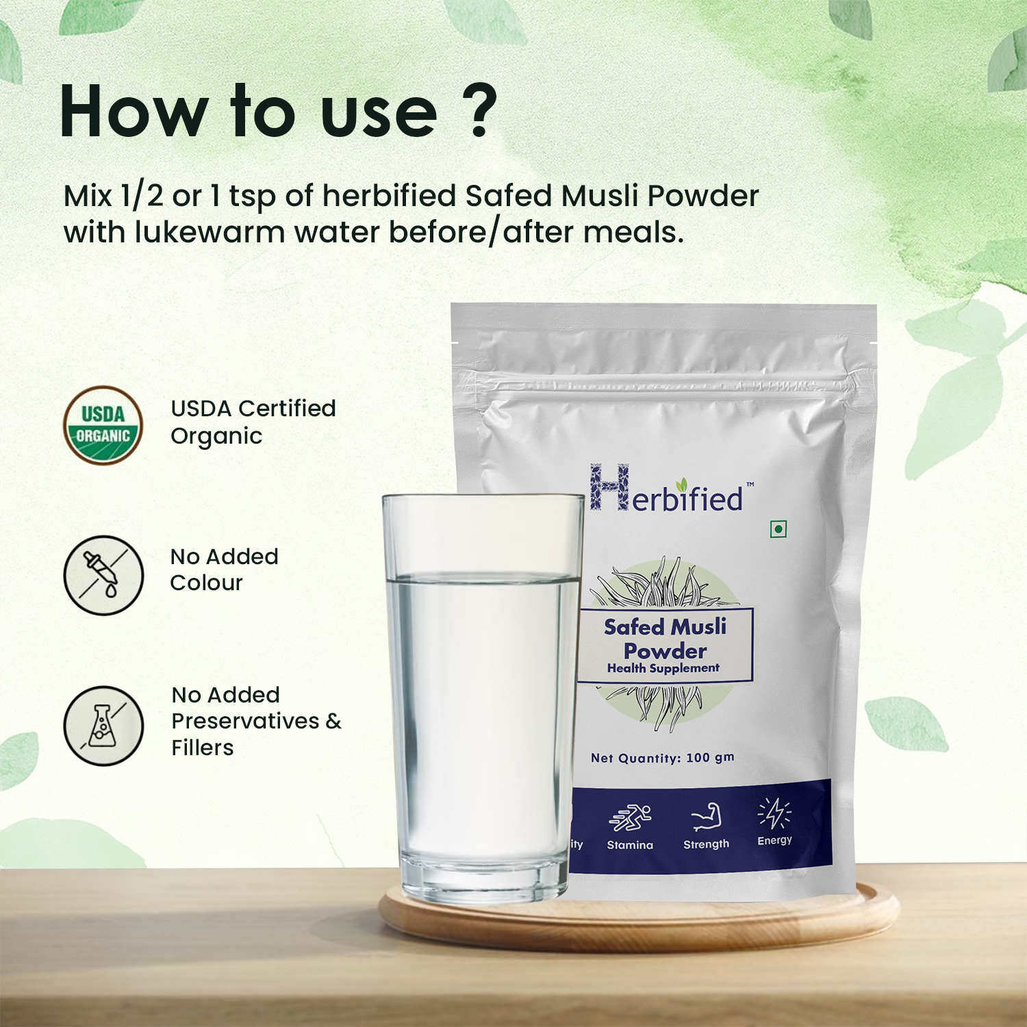 Herbified Safed Musli Powder Pure and Superfood Supplement for Vitality and Wellness-100gm (Pack of 1)