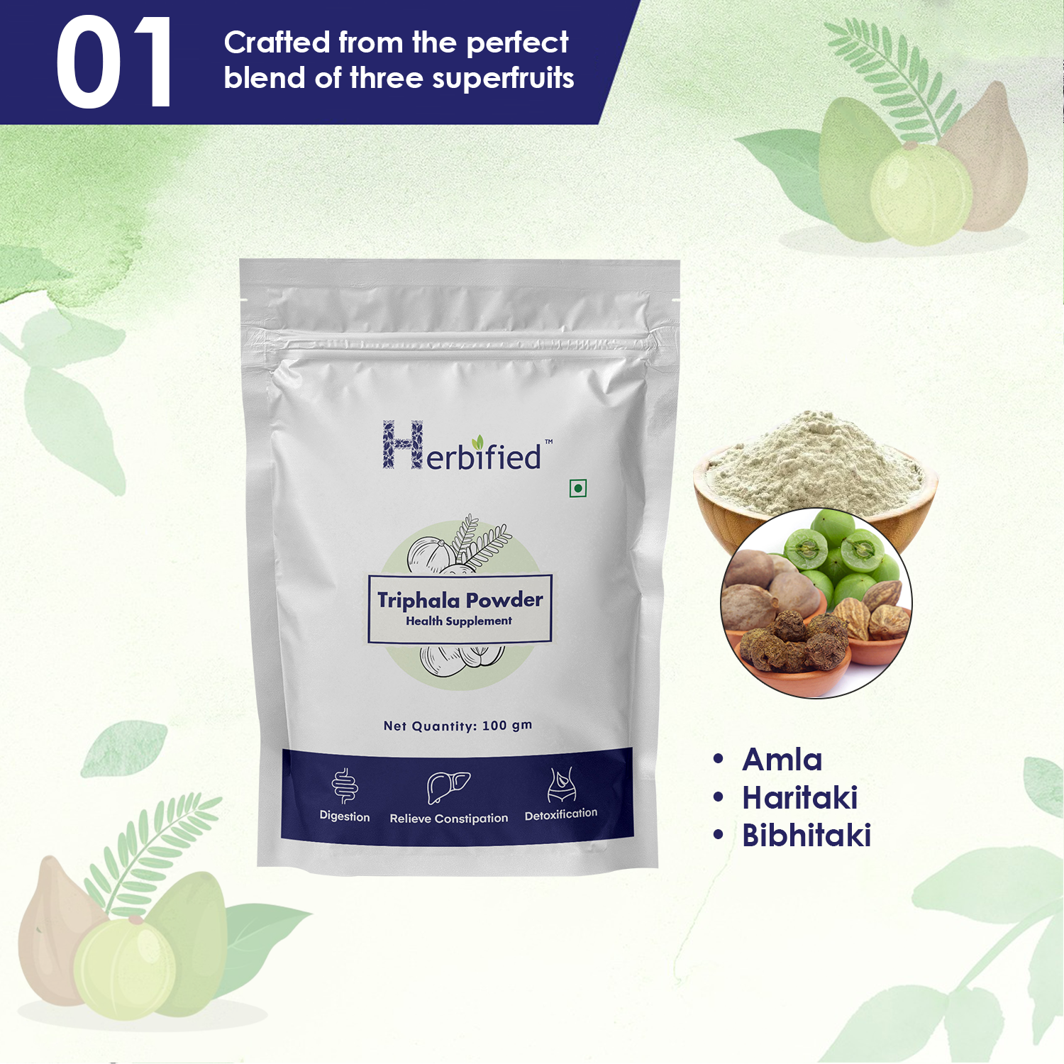 Herbified Triphala Powder - Pure Ayurvedic Blend for Digestive Health and Detoxification (Pack of 1)