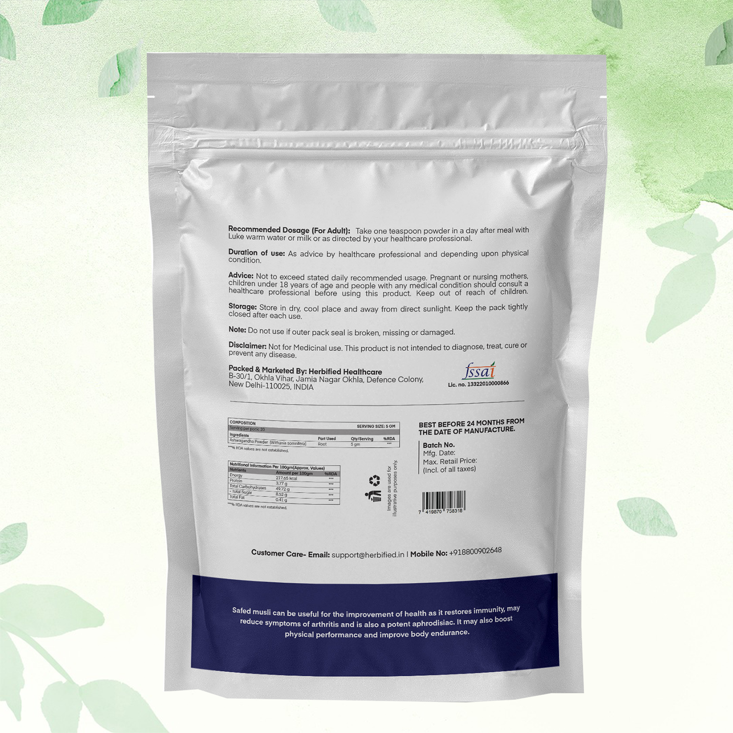 Herbified Safed Musli Powder Pure and Superfood Supplement for Vitality and Wellness-100gm (Pack of 1)