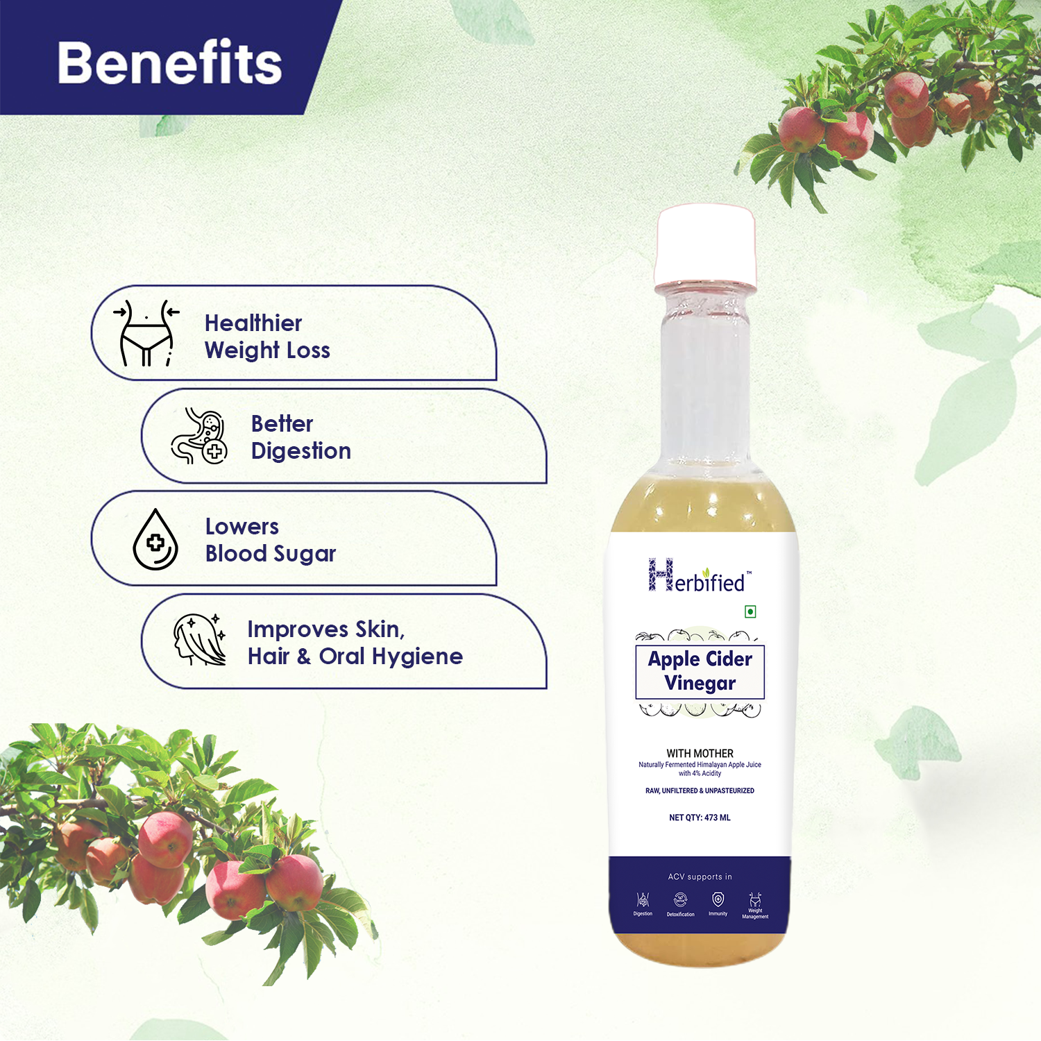 Herbified Apple Cider Vinegar with Mother For Better Skin, Digestive Enzymes, Energy & Immunity Booster- 473 ml (Pack of 1)