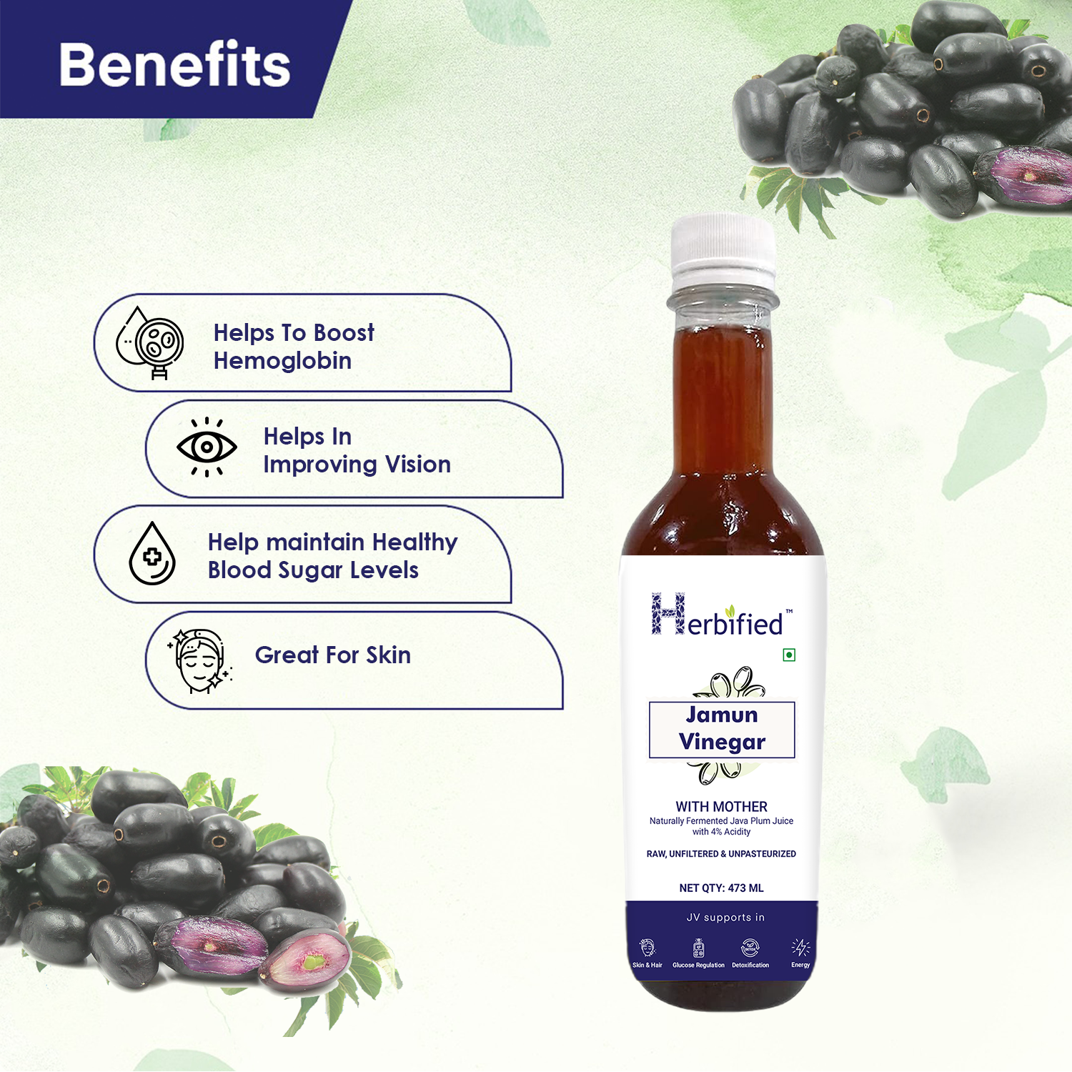Herbified Jamun Cider Vinegar Help In Blood Sugar Control, Healthy Digestion & Metabolism Vinegar