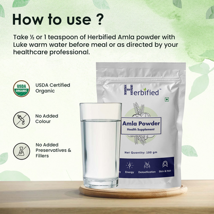 Herbified Amla Powder Pure and Natural Indian Gooseberry Powder for Hair and Skin Care - Rich in Vitamin C - Ayurvedic Superfood for Immunity Boost (Pack of 1)