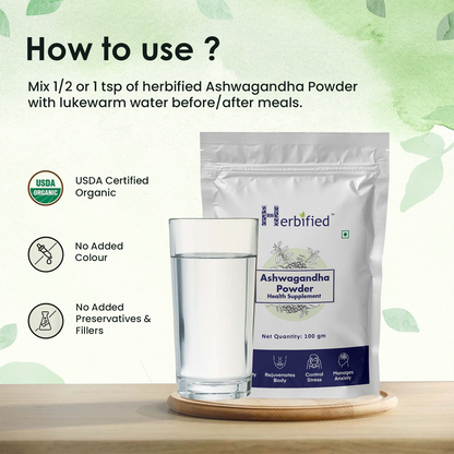 Herbified Ashwagandha Powder Pure and Natural Adaptogen Supplement for Stress Relief, Energy Boost, and Immune Support - 100gm (Pack of 1)