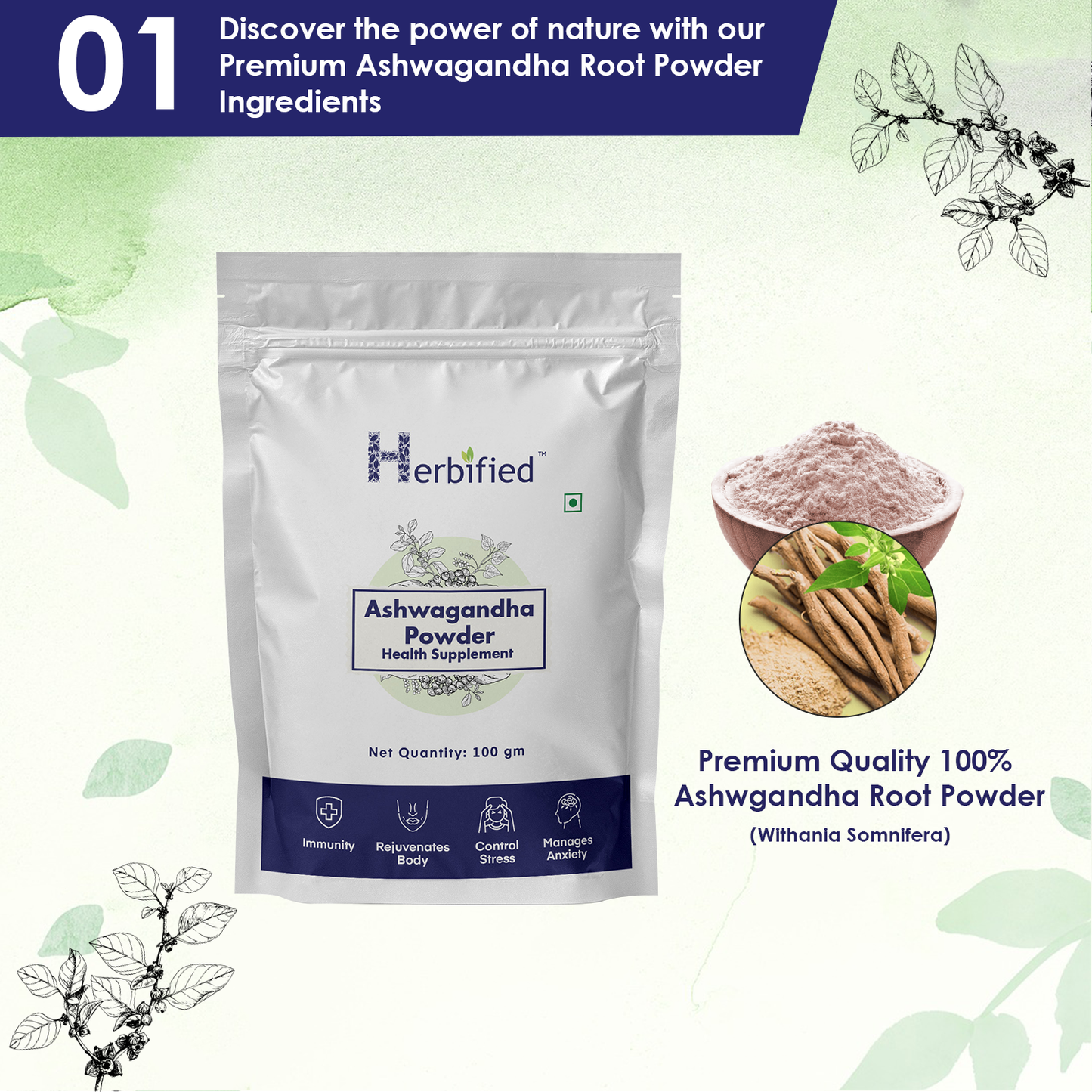Herbified Ashwagandha Powder Pure and Natural Adaptogen Supplement for Stress Relief, Energy Boost, and Immune Support - 100gm (Pack of 1)