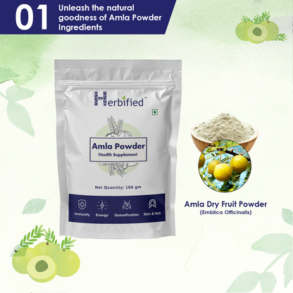 Herbified Amla Powder Pure and Natural Indian Gooseberry Powder for Hair and Skin Care - Rich in Vitamin C - Ayurvedic Superfood for Immunity Boost (Pack of 1)