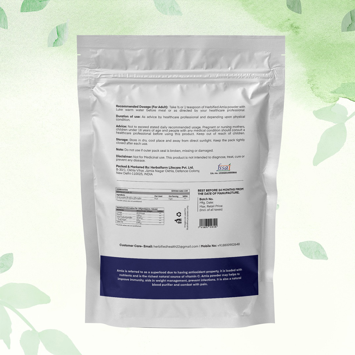 Herbified Amla Powder Pure and Natural Indian Gooseberry Powder for Hair and Skin Care - Rich in Vitamin C - Ayurvedic Superfood for Immunity Boost (Pack of 1)