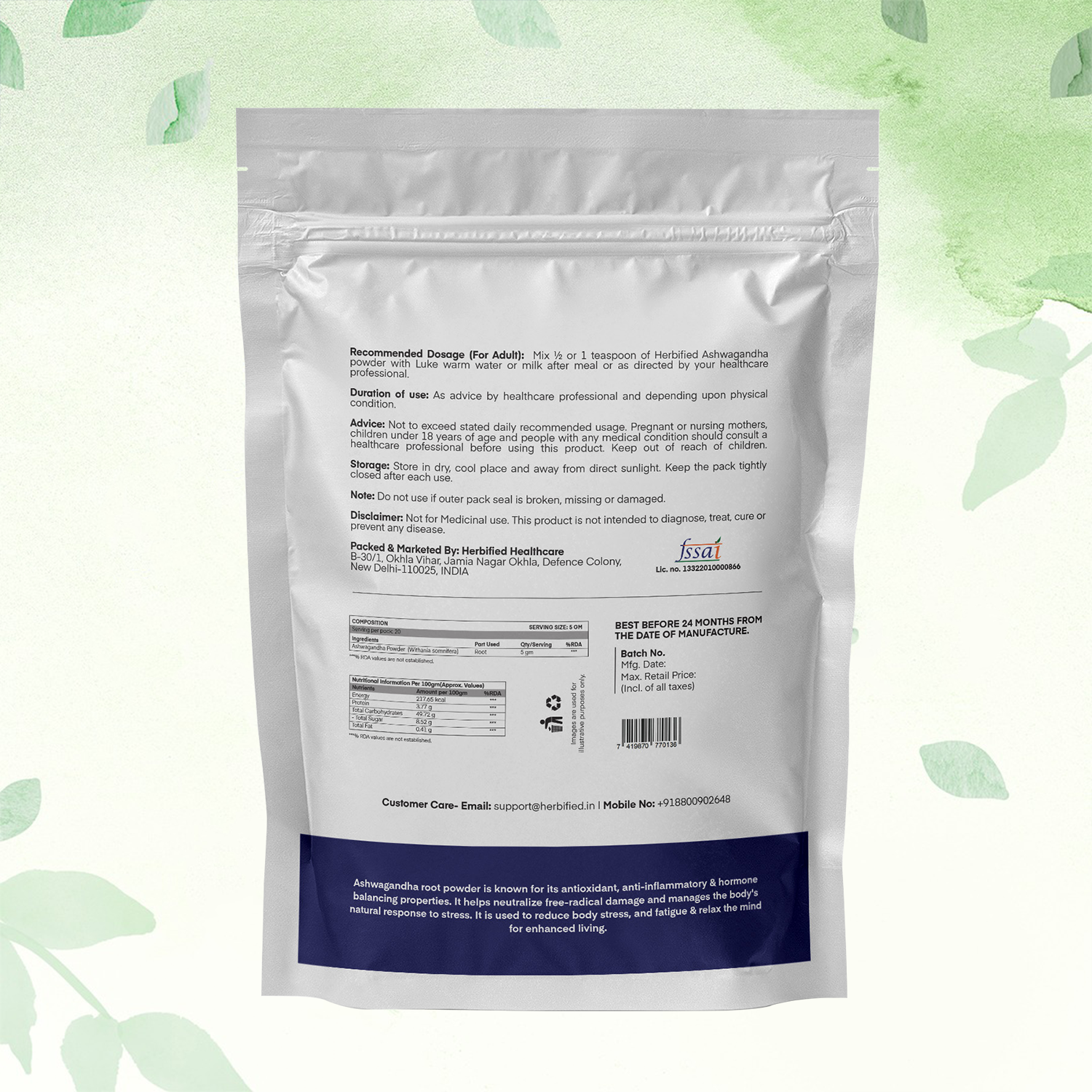 Herbified Ashwagandha Powder Pure and Natural Adaptogen Supplement for Stress Relief, Energy Boost, and Immune Support - 100gm (Pack of 1)