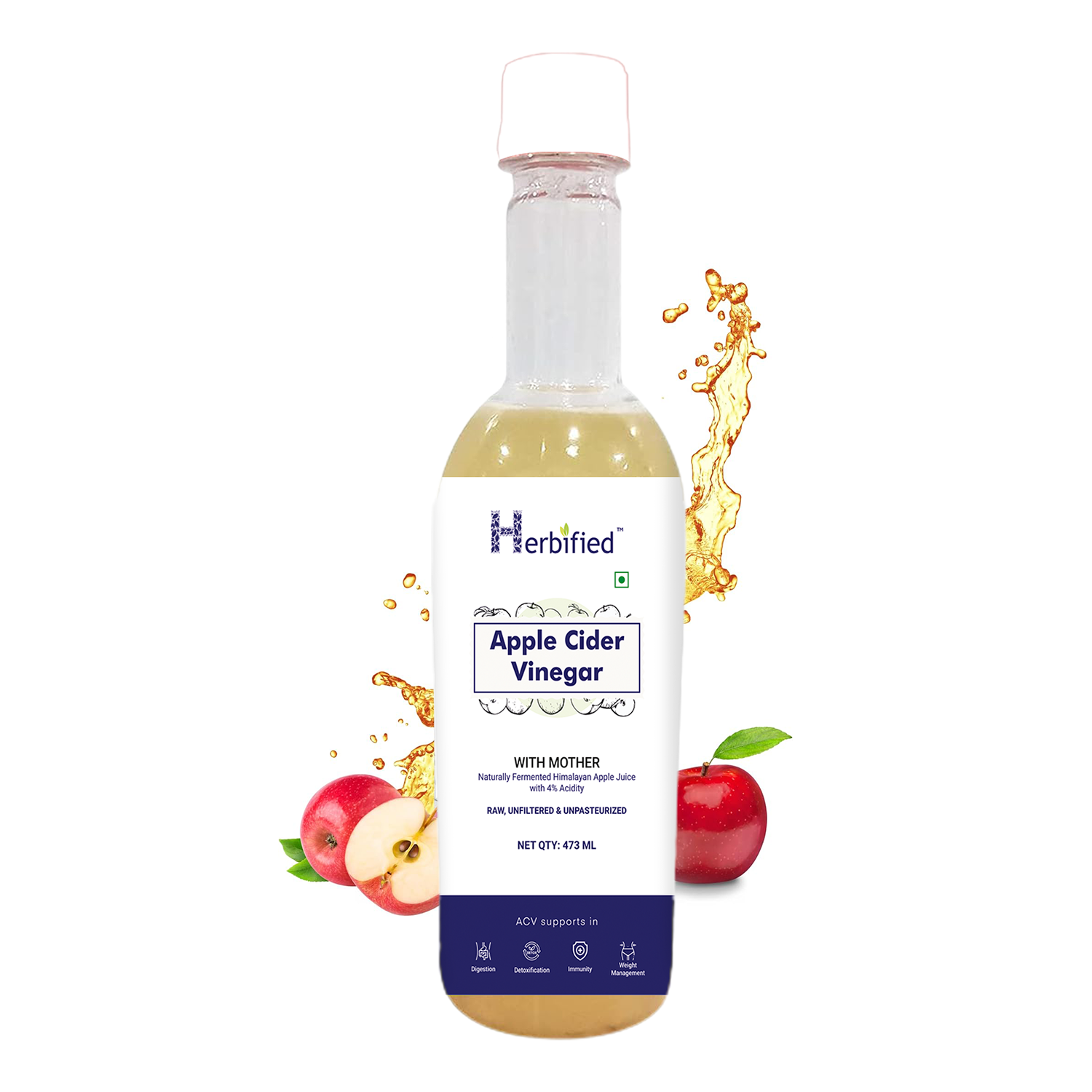 Herbified Apple Cider Vinegar with Mother For Better Skin, Digestive Enzymes, Energy & Immunity Booster- 473 ml (Pack of 1)